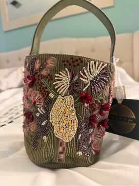 Embroidered Olive Green Beaded Floral Bucket Bag